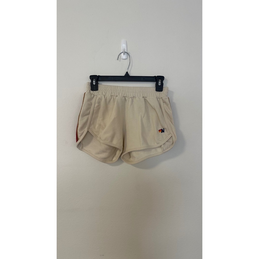 Aviator Nation Women Cream Rainbow Velvet Stripe Sweat Shorts Size M California